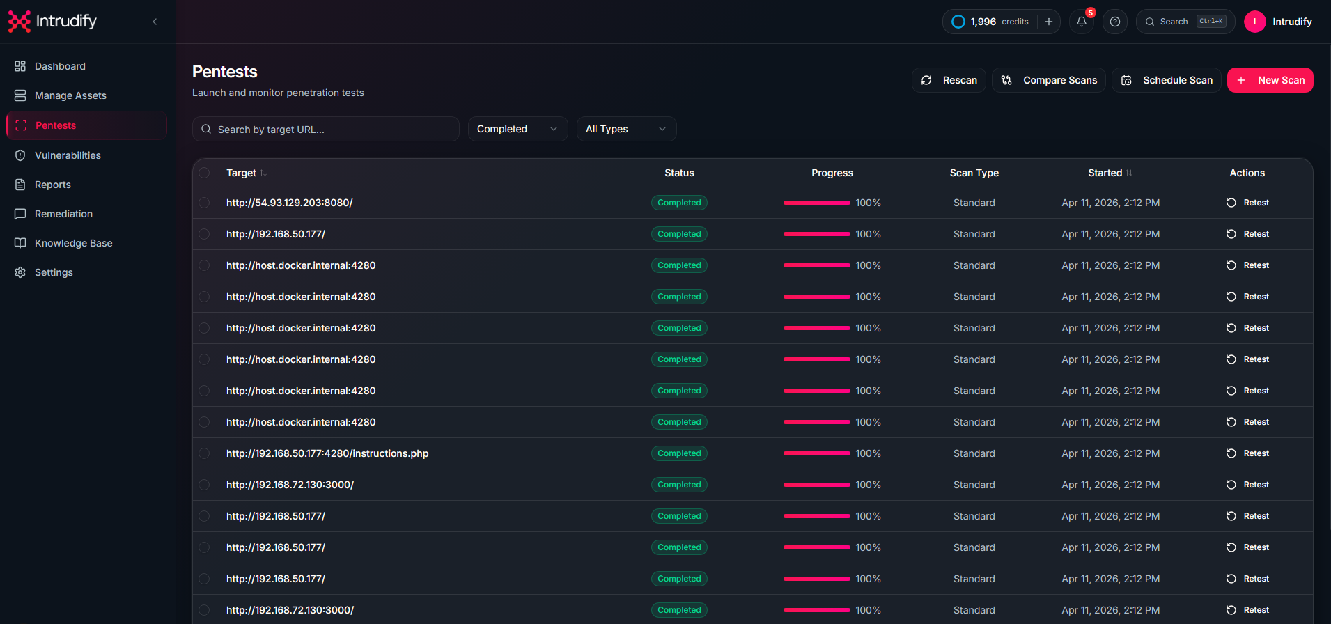 Intrudify Pentests list view